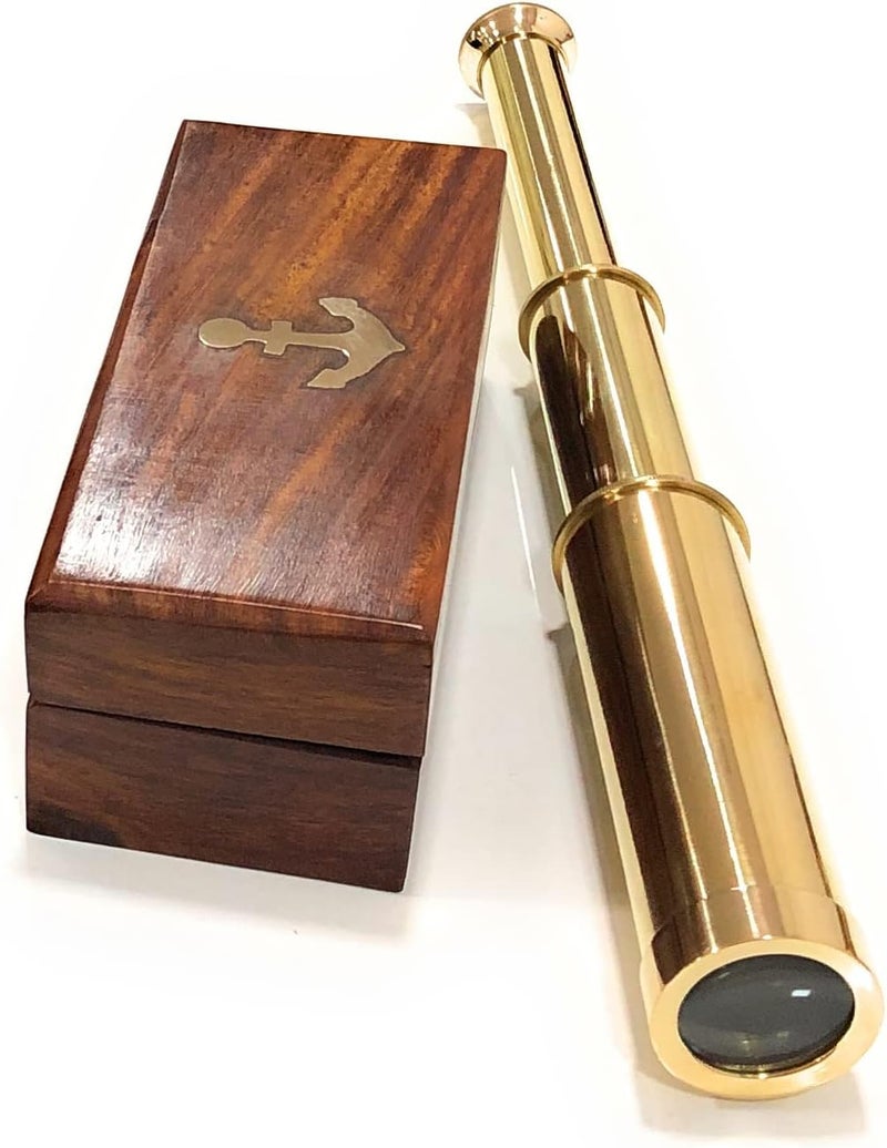 RedSkyTrader Brass 9" Handheld Brass Telescope Nautical Pirate Spy Glass with Box Rustic Vintage Home Decor Gifts - Image 1